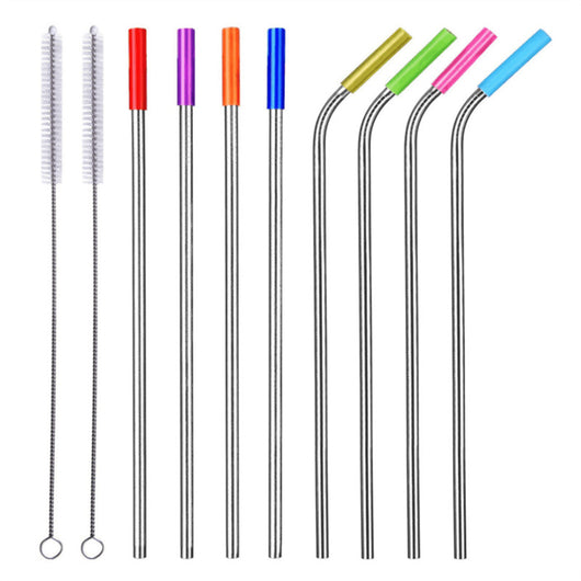 Set of 8 Stainless Steel Straws + Silicone Tips + 2 Cleaner Brushes