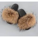 Raccoon Fur Slides Slippers - Natural Brown 7