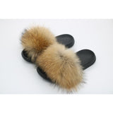 Raccoon Fur Slides Slippers - Natural Brown