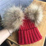 Mini Red Double Natural Pomkin Fur Pom Hat