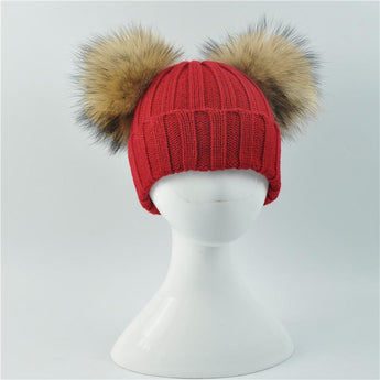 Mini Red Double Natural Pomkin Fur Pom Hat