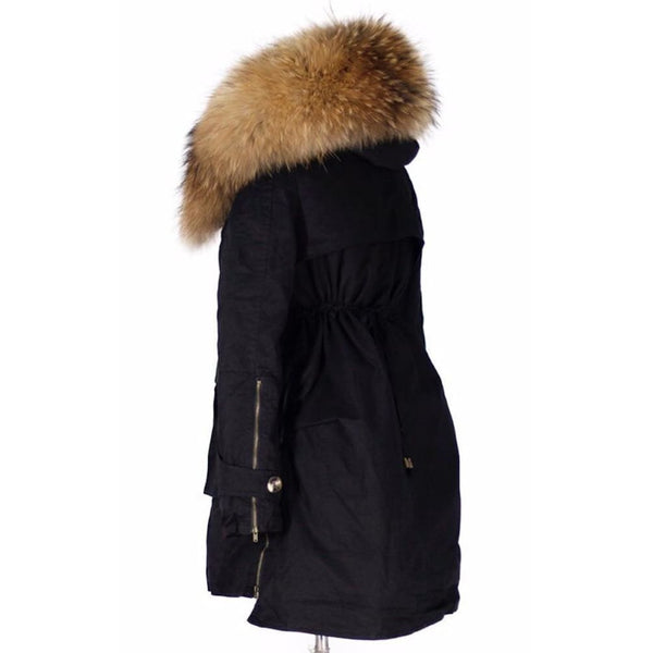 Removable Fur Hood Parka Black + Black Zips S