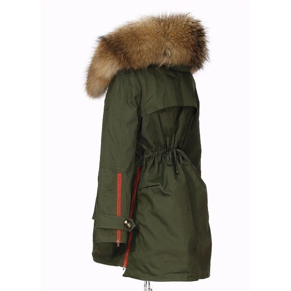 Removable Fur Hood Parka Green + Red Zips S