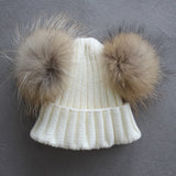 Mini White Double Natural Pomkin Fur Pom Hat